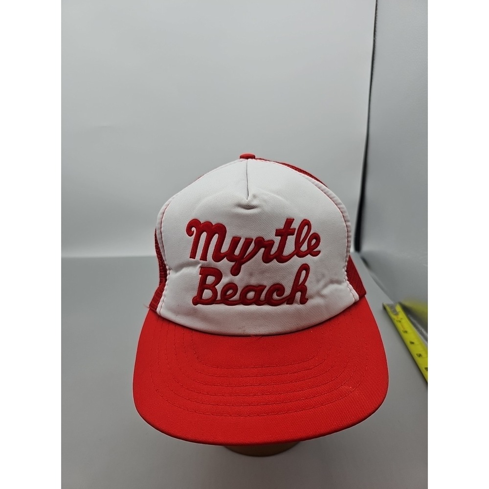 VTG Myrtle Beach Hat Cap Snap Back Red White 3 Stripe Mesh Foam Trucker